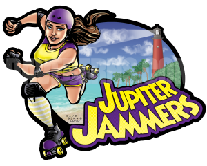 Jupiter Jammers WFTDA Roller Derby team Mascot & Logo, featuring a charging roller derbier in her Jupiter, Florida based team's colors in the foreground and the iconic Jupiter Lighthouse in the background.